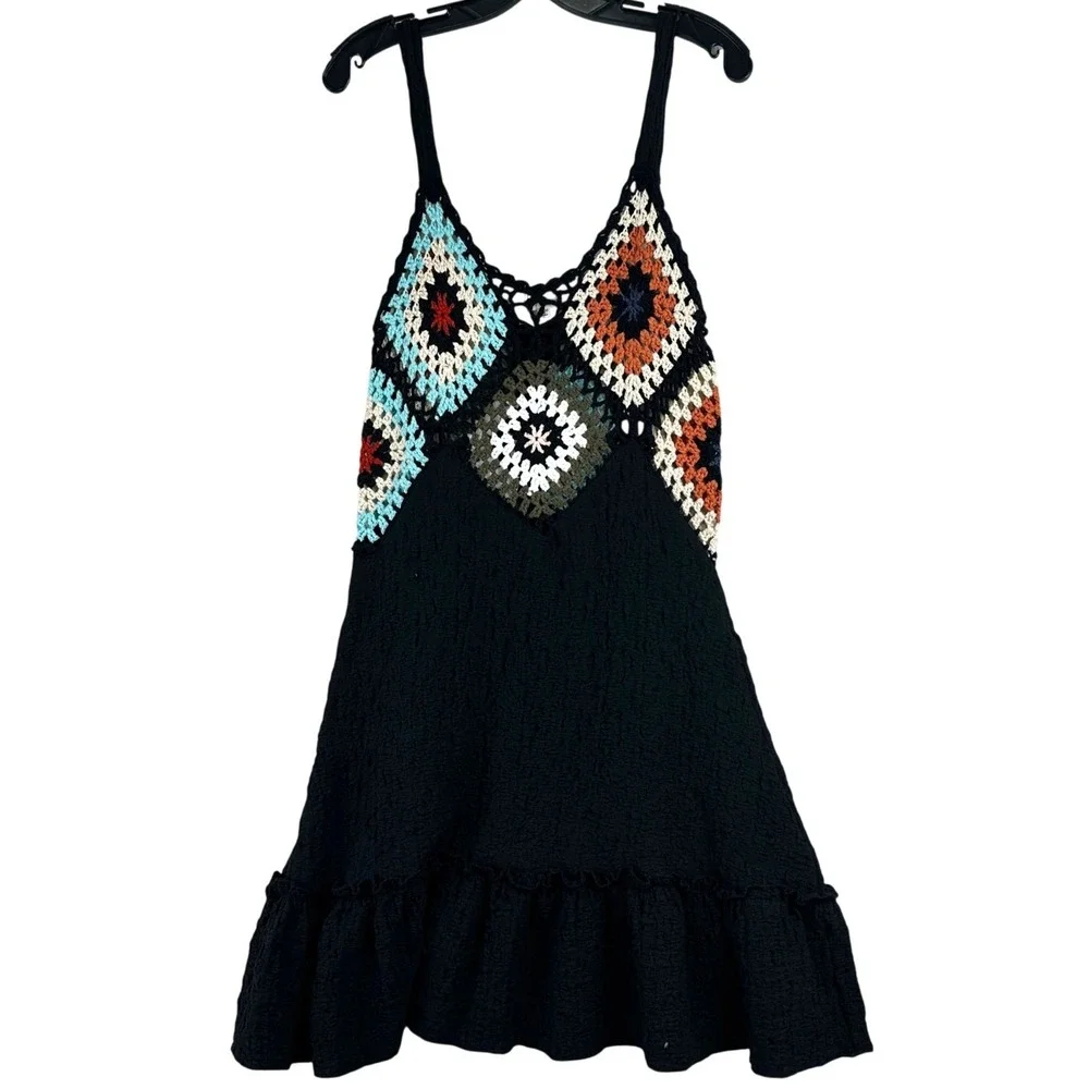 POL Crochet Granny Square Mini Dress Womens Small Black Boho‎ Festival FWT240